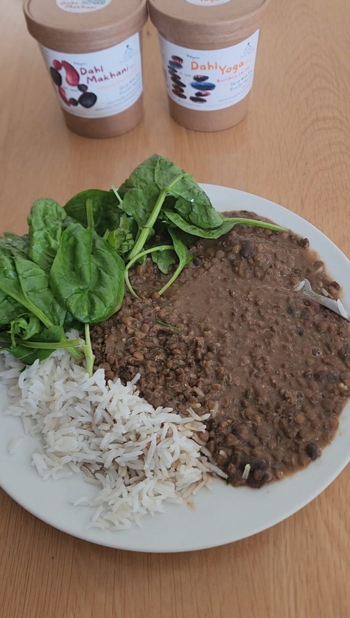 Dahl Makhani and Dahl Yoga tubs, served with rice and spinach